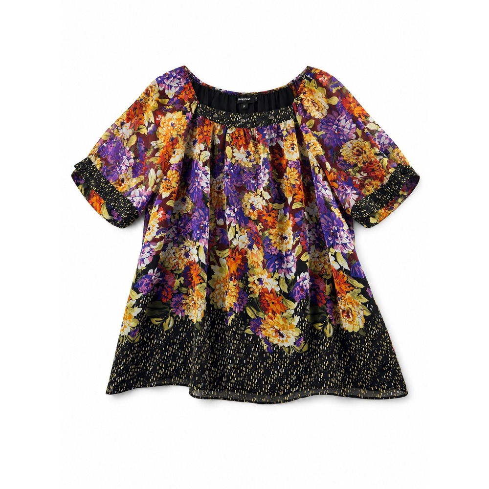 Avenue Womens Plus Size 22/24 Floral Short Sleeve Blouse Square Neck Multi-Color